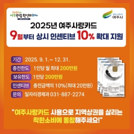 여주시, 9월부터 ‘여주사랑카드’ 상시 인센티브 10% 확대 지원