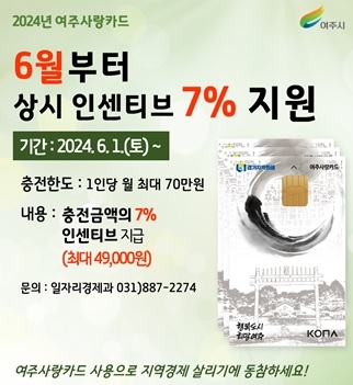 여주시, 6월부터 ‘여주사랑카드’ 상시 인센티브 7%로 상향 지원